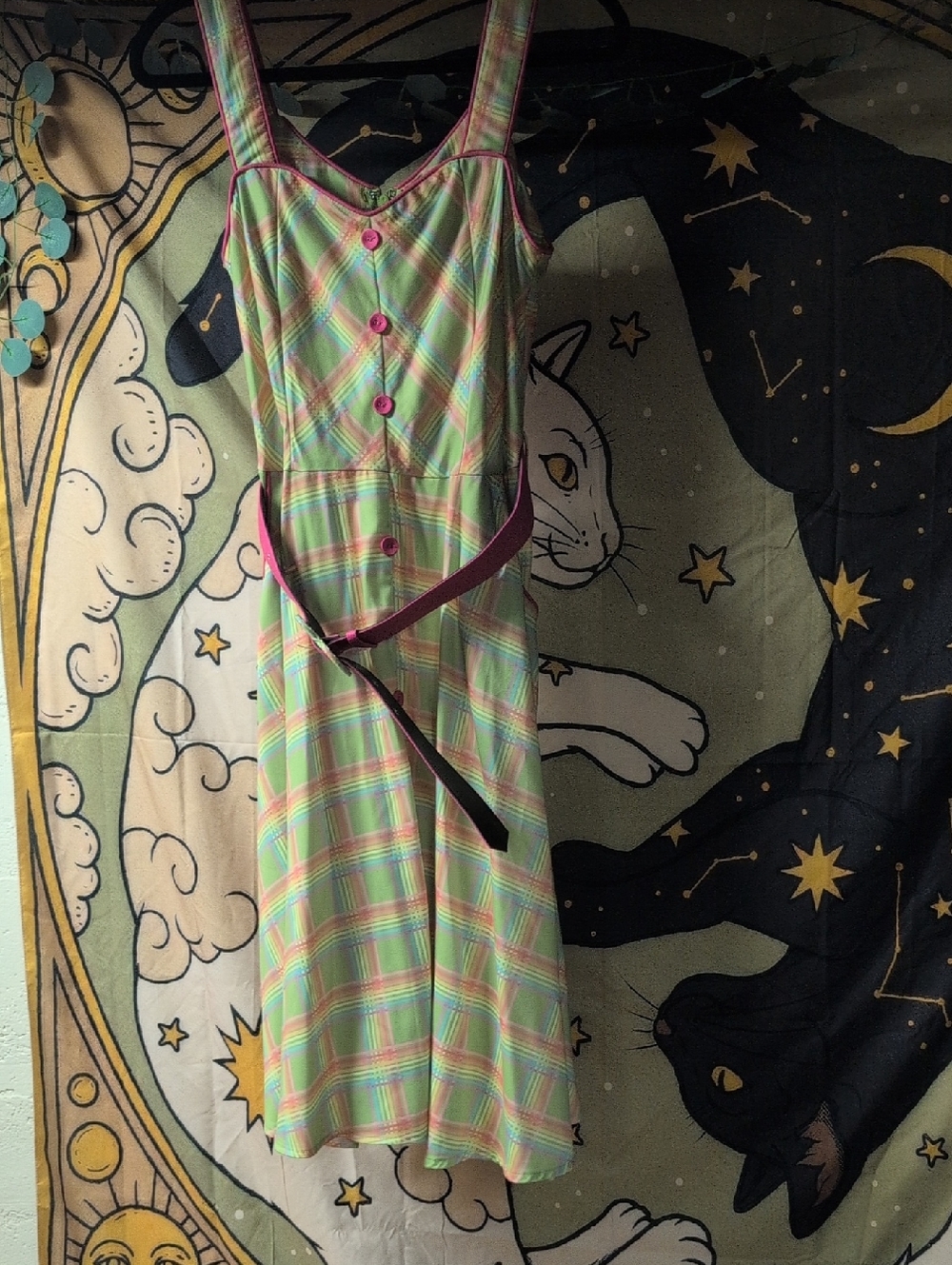 Voodoo Vixen Pastel Plaid Midi Dress in Mint, Pink, Yellow